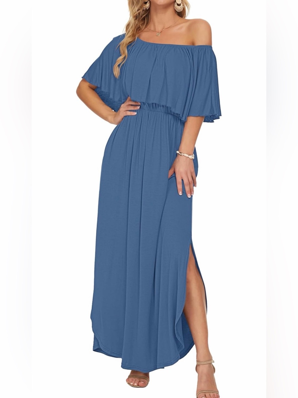 NWT Off-Shoulder Boho Blue Maxi Dress with Side Slit, XL